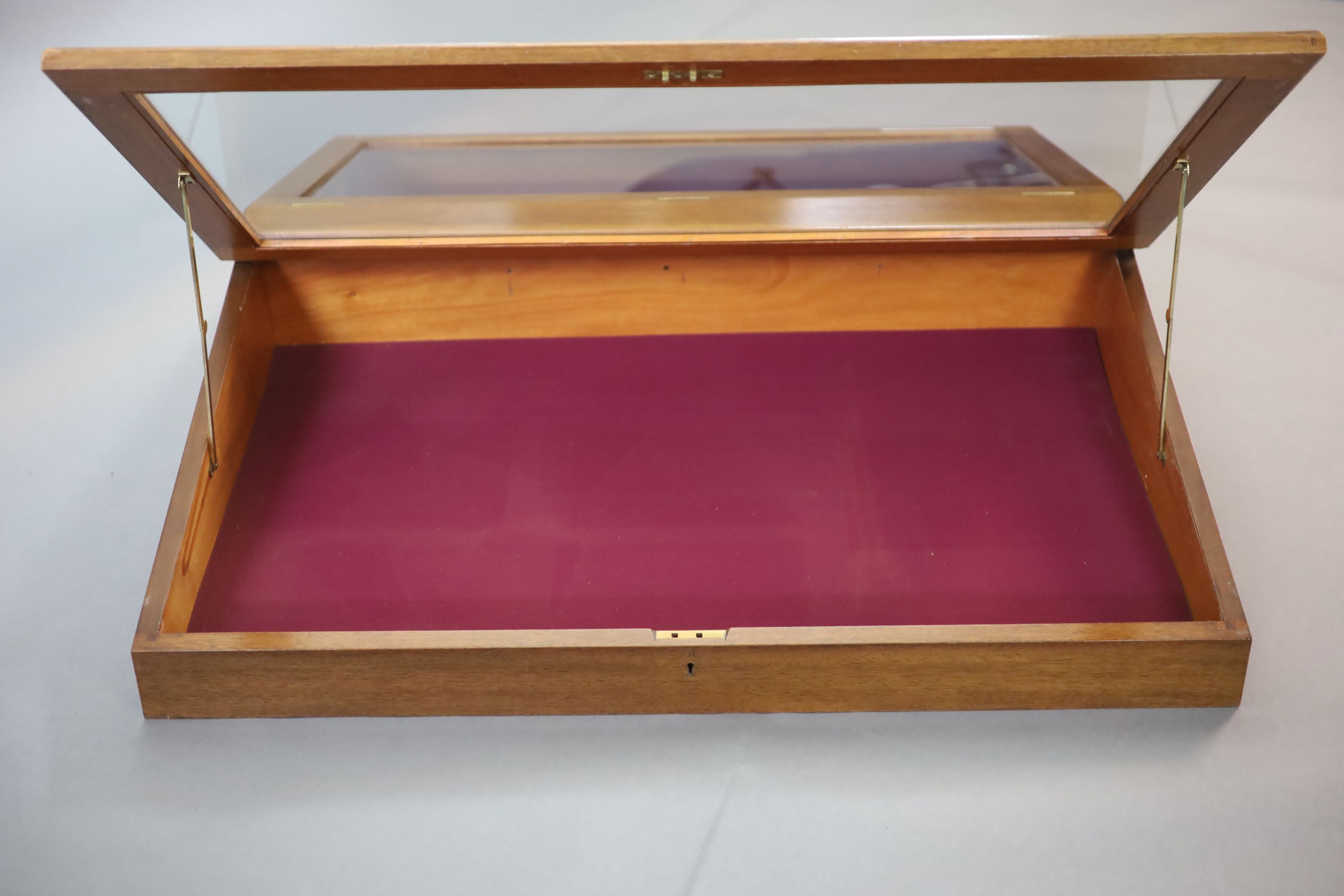 A 20th century teak table top double display case, from the Library of the Royal College of Surgeons, width 103cm depth 128cm height 108cm